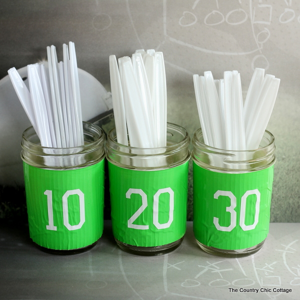 Mason jar utensil holder for any football party including the Super Bowl!