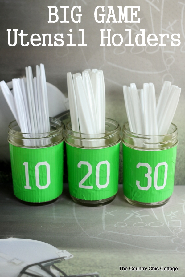 Mason jar utensil holder for any football party including the Super Bowl!