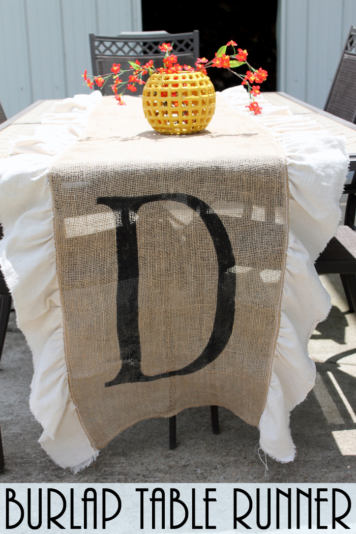 Make this DIY burlap table runner with monogram for your home! I love the simple ruffles on the side as well!