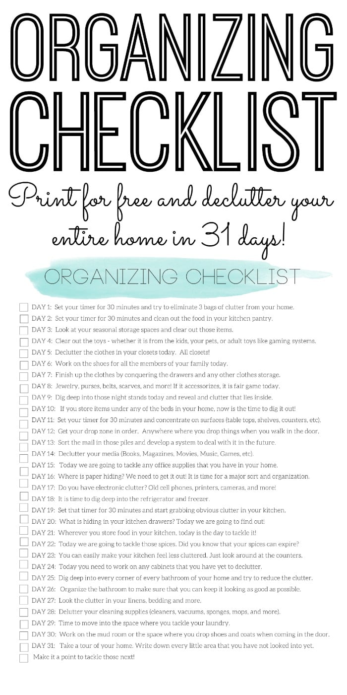 Organizing Checklist-Declutter Your Home in 31 Days by The Country Chic Cottage