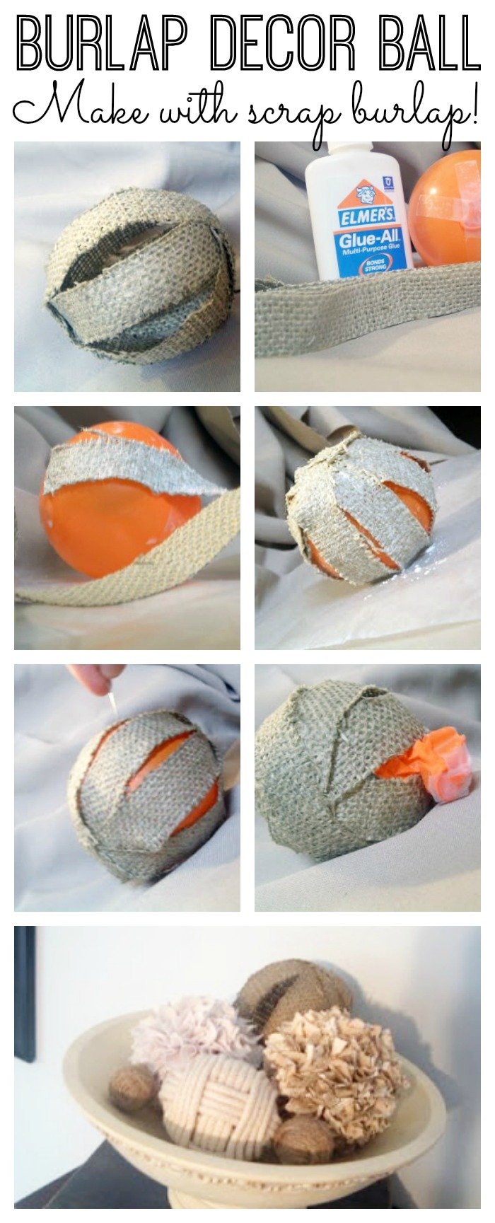 Make your own burlap decor ball with just scrap burlap, glue, and a balloon!  A quick and easy addition to your farmhouse decor!