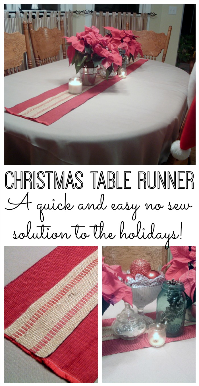 A quick and easy Christmas table runner with no sewing required!  Perfect for those that love rustic and burlap!