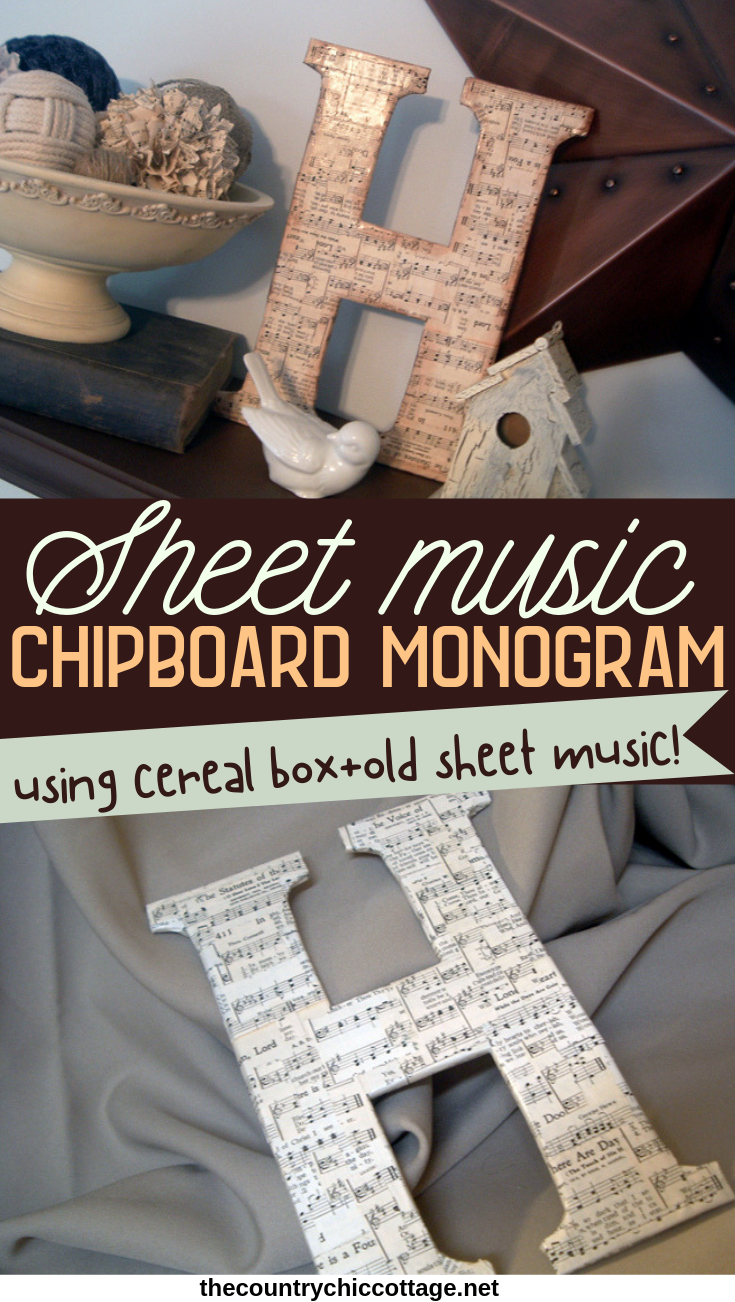 Make this DIY Chipboard Monogram for your home! Using scrap cardboard to make a gorgeous sheet music letter! #sheetmusic #cardboard #diy #recycle