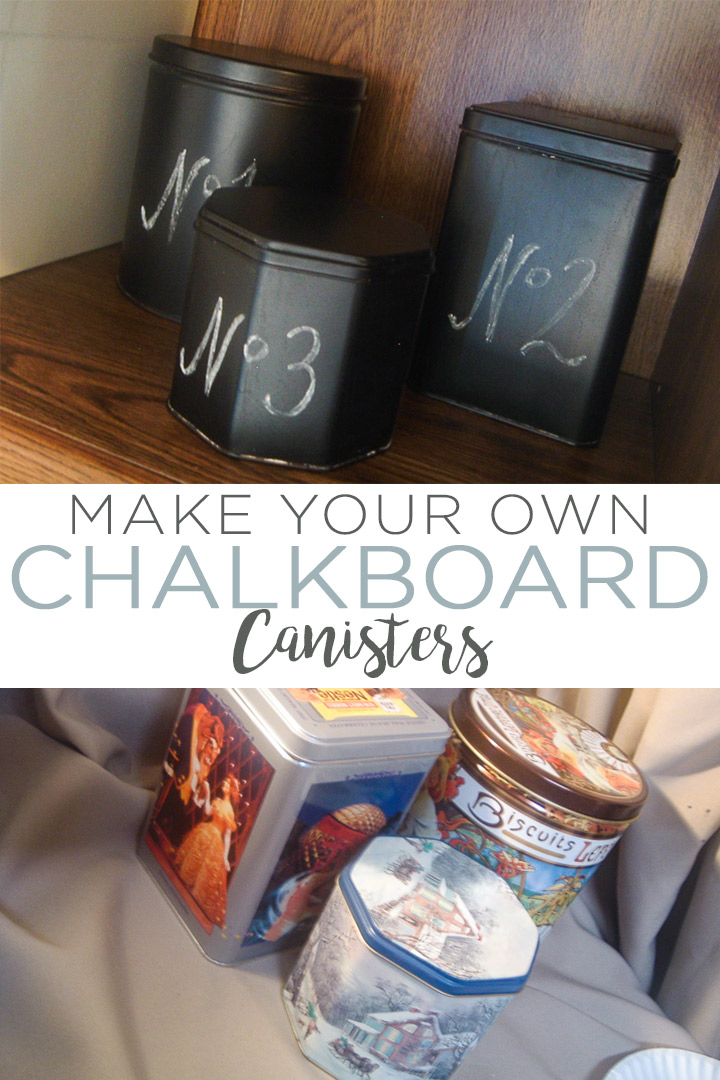 Make your own chalkboard canisters with a few simple supplies! A quick and inexpensive way to organize using chalkboard tins! #chalkboard #organization #cheap