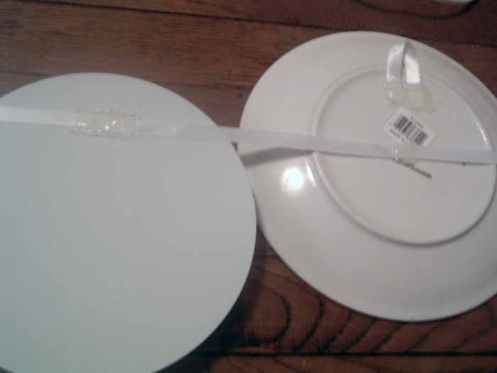 ribbon hot glued to plate and round mirror