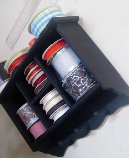 Make this ribbon organizer from a thrift store shelf in minutes!