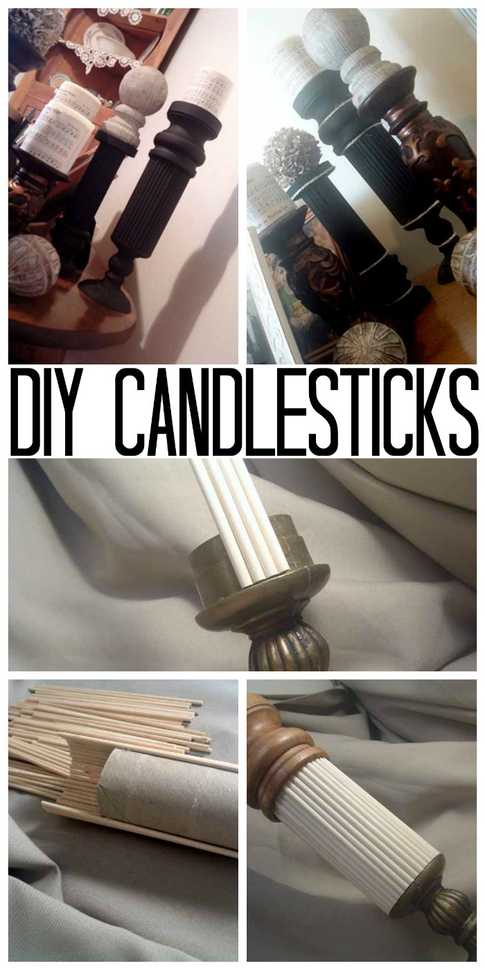 Make your own candlesticks using wood dowels and a few thiftstore finds! Gorgeous home decor for cheap!