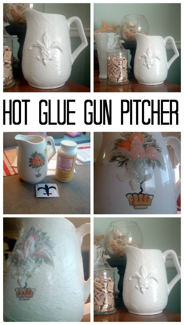 Emboss a pitcher with a hot glue gun to turn trash into treasure!