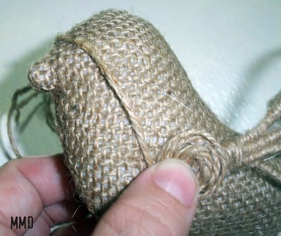 attaching jute to burlap bird ornament