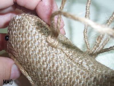 gluing jute loop to burlap bird ornament