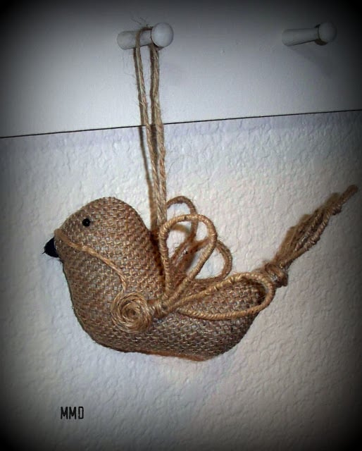 vignette of burlap bird ornament