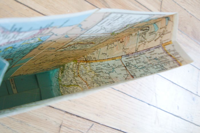 inside view of homemade gift bag made from map