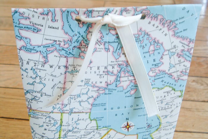 map gift bag with white bow