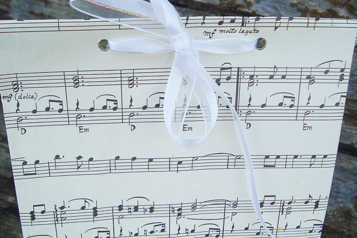 homemade gift bag made from sheet music
