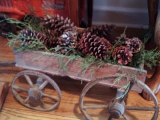 vintage wagon with clippings and pinecones