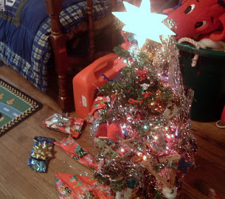 mini Christmas trees in a boys room