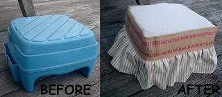 before and after comparison of footstool makeover