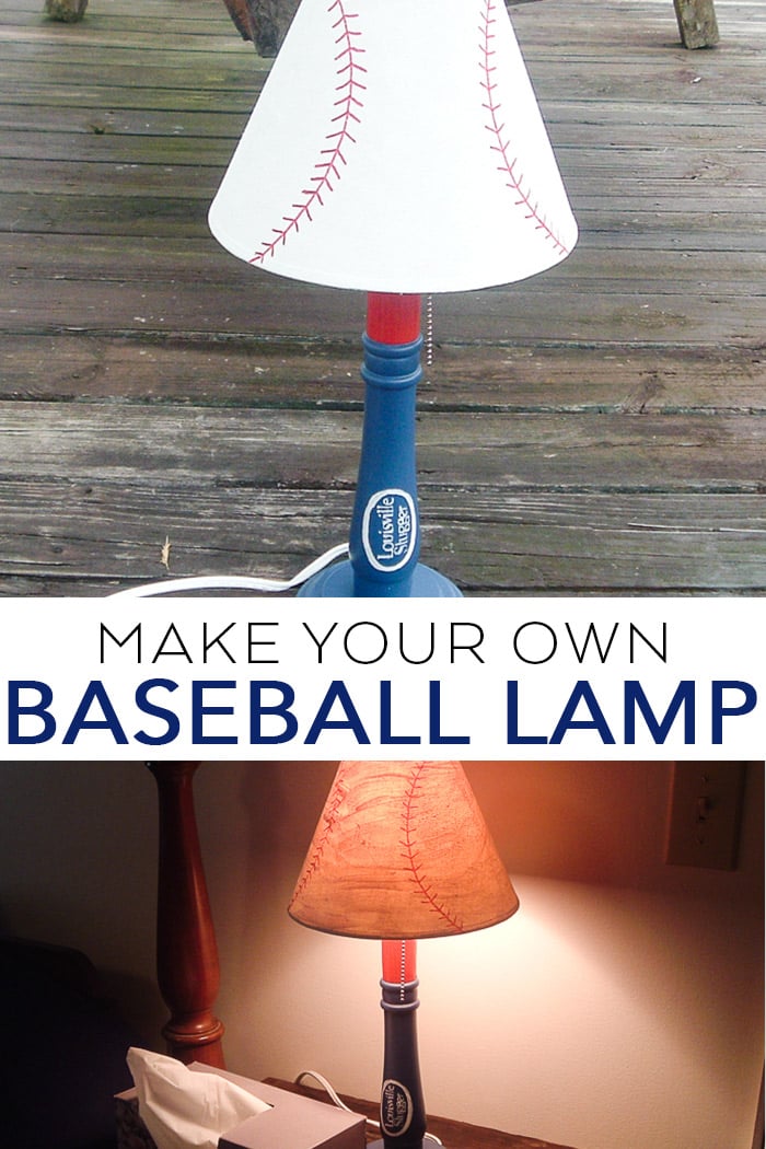 Make your own baseball lamp with this tutorial, a thrift store find, and your Cricut machine! A quick and easy tutorial for a kids room! #baseball #cricut #cricutmade