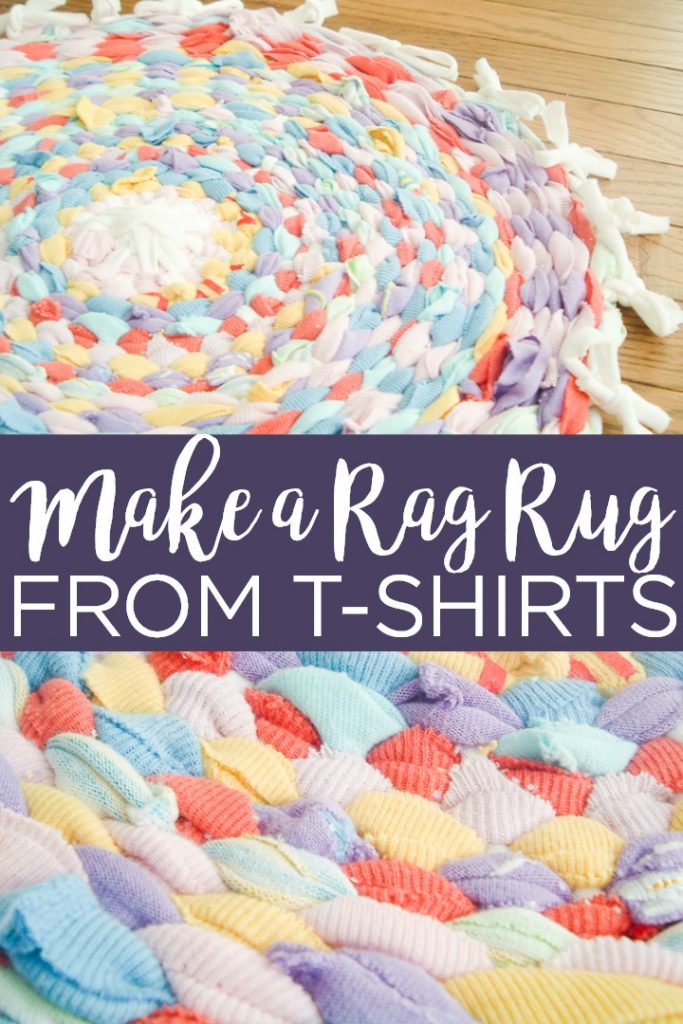 Learn how to make a rag rug with old t-shirts and this tutorial using a hoola hoop! This is a great rainy day project for the kids! #recycling #upcycling #ragrug #rug #kidscraft