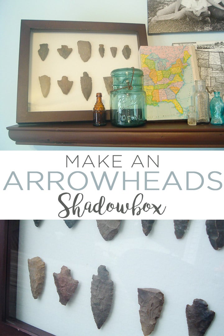 Make a DIY arrowheads shadowbox to display arrowheads in your home's decor! A quick and easy project that will look great in a farmhouse style home! #arrowheads #homedecor #farmhouse #farmhousestyle