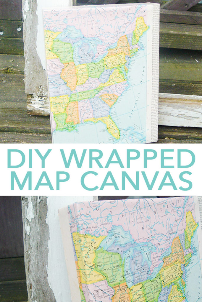 Make this map craft with just a few supplies! Wrap a canvas with a vintage map for a gorgeous DIY addition to your home decor! #map #craft #homedecor #vintage