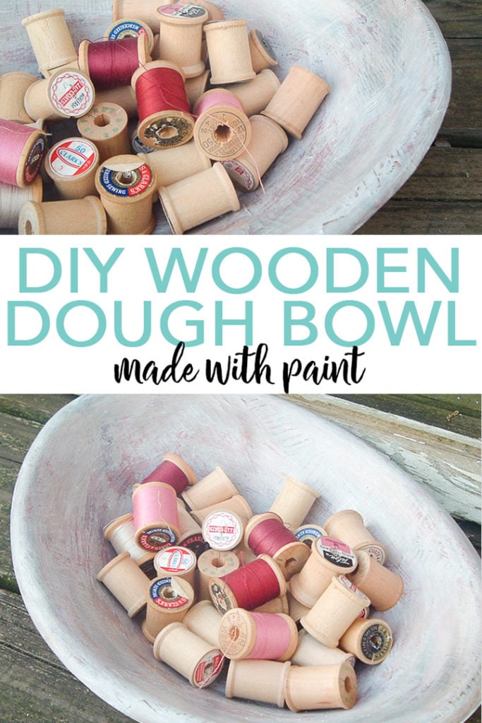 Learn how to make a DIY wooden dough bowl with an old bowl and some paint! This farmhouse style faux paint treatment will look great in any room of your home! #plaidcrafts #farmhouse #farmhousestyle #vintage #antique #fauxfinish