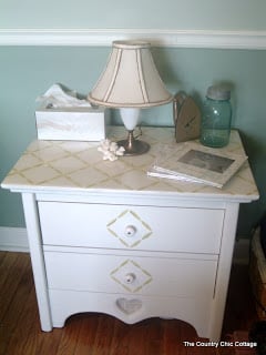 nightstand with Blue ball jar, milk glass, coral