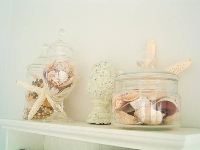 Seashells, starfish, and other rustic beachy decor on a shelf in a DIY beach bathroom.