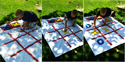 three pictures of young boy playing tic tac toe on grass