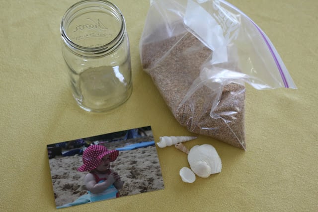 mason jar, bag of sand, photo, beach shells