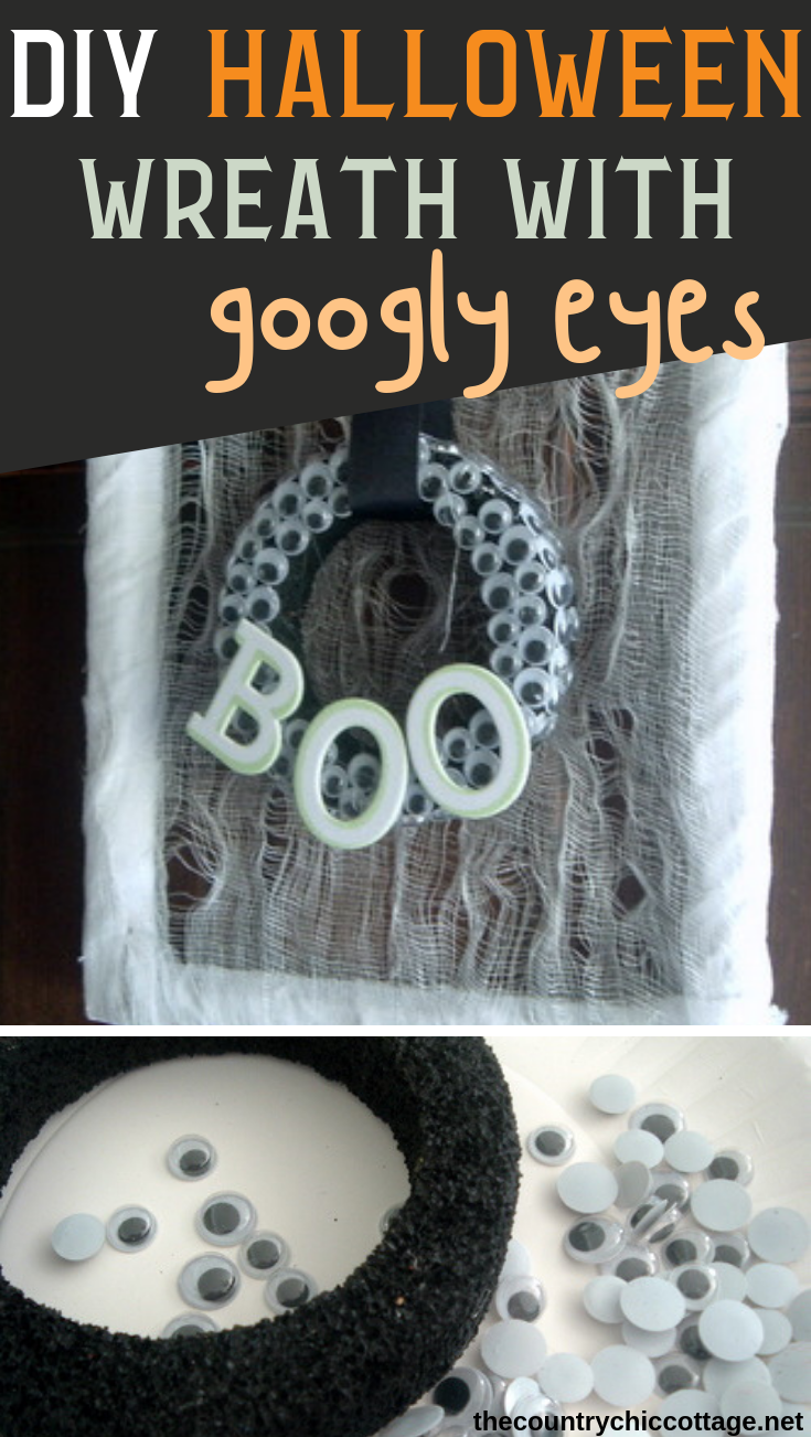 two images of Halloween wreath with googly eyes
