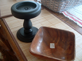 thrifted candlestick and wooden bowl