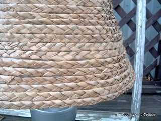 close up of woven seagrass lamp shade