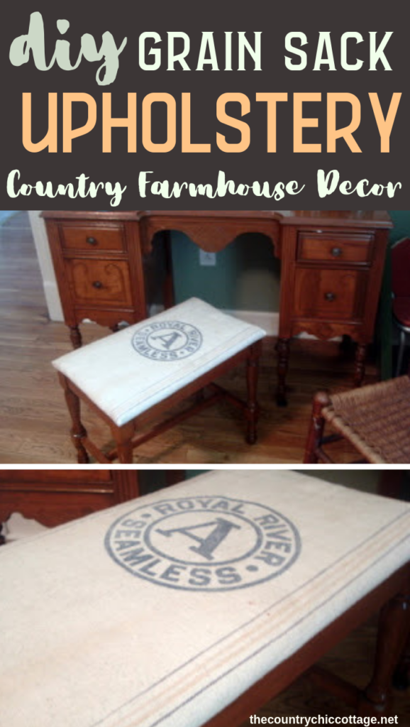 Amp up your country farmhouse decor with a grain sack upholstery project! We have everything you need to know about covering a stool with a grain sack! #farmhouse #farmhousestyle #country #homedecor