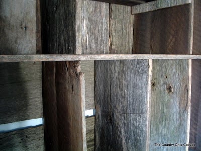 close up of barn wood hutch