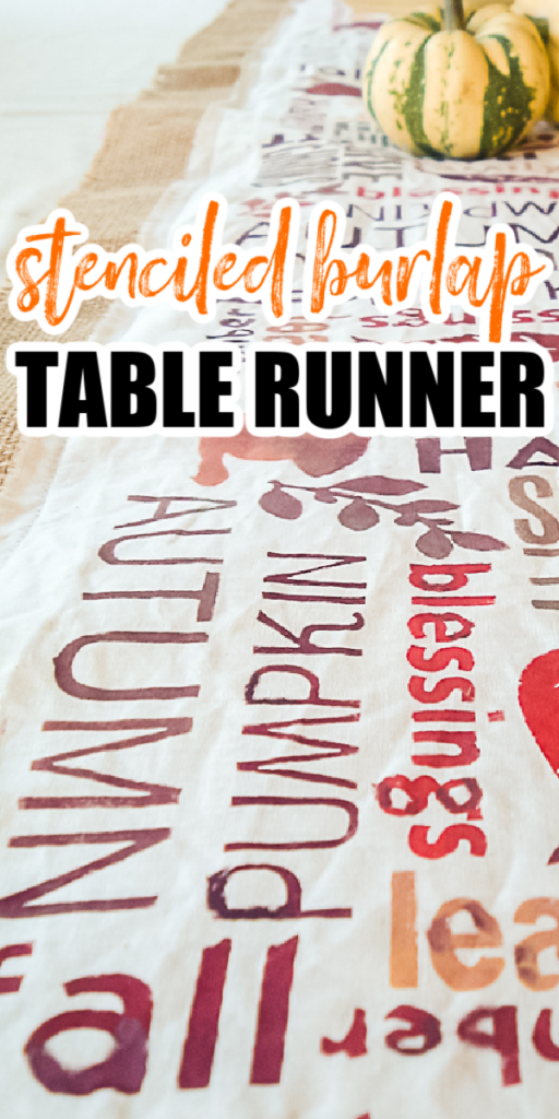 Learn how to make this DIY burlap table runner for Thanksgiving! Making a stenciled burlap table runner is easy with the right tools! #burlap #thanksgiving #tablerunner #stenciling