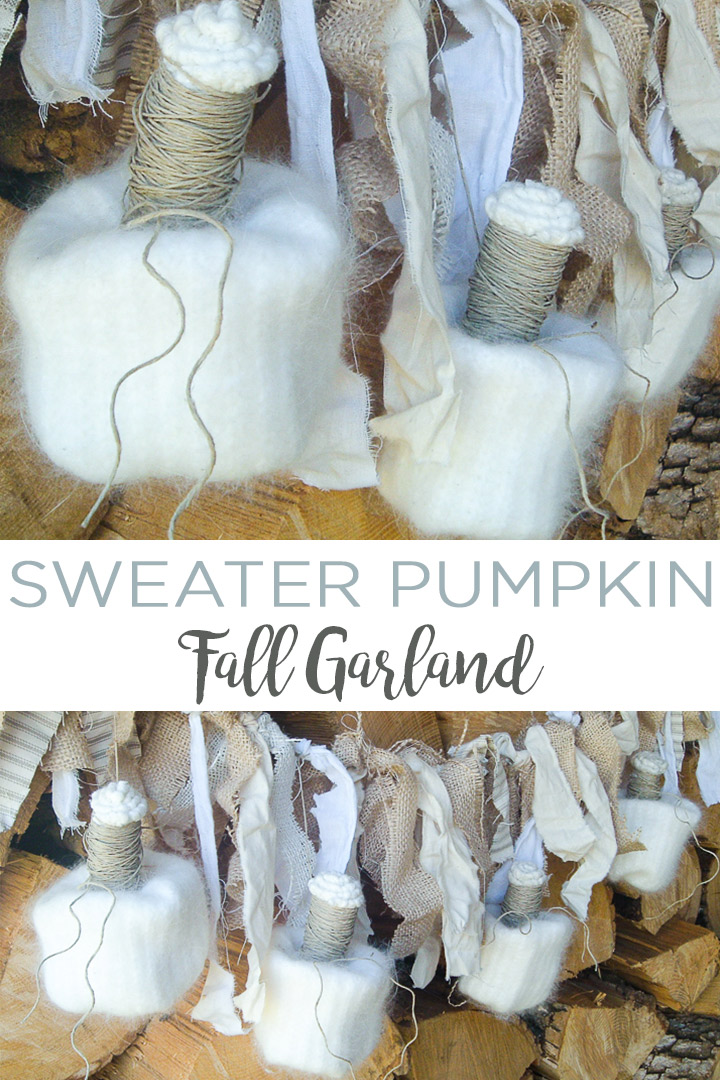 Make this sweater pumpkin fall garland for any room in your home! This upcycled no sew craft is perfect for those that love farmhouse style! #farmhouse #upcycled #pumpkins #fall #falldecor
