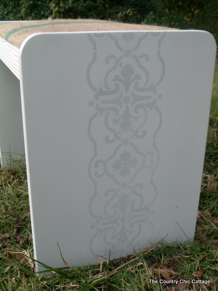 side of coffee sack stool with stencil