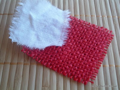 Red Burlap and White Fabric Scraps for glitter Christmas banner.