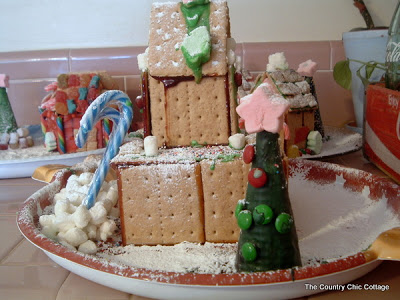 Gingerbread houses in a shallow bowl