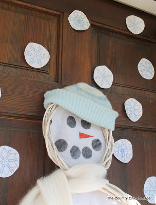 close up of snowman on a wooden door