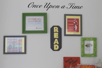 Framed wall grouping of book pages.