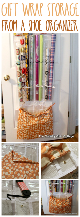 Turn an over the door shoe organizer into gift wrap storage!