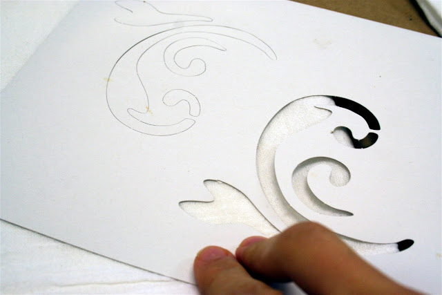 Paper stencil for painted towels.