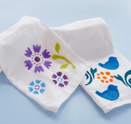 Finished stenciled painted towels.