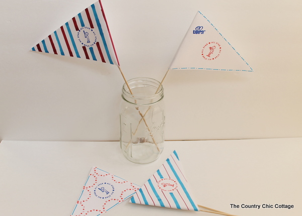 Sports party flags in mason jar.