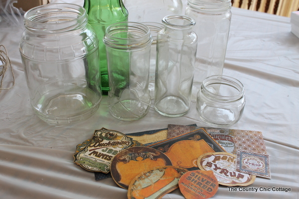 old bottles and jars on a table