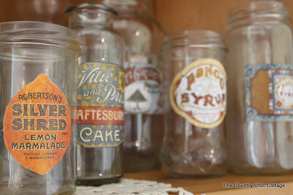 DIY Vintage Labels on bottles on a shelf