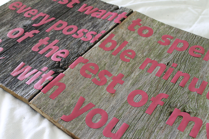 vinyl words applied to a barn wood sign