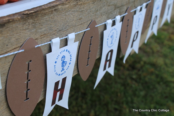 Close up of football and banner pieces.